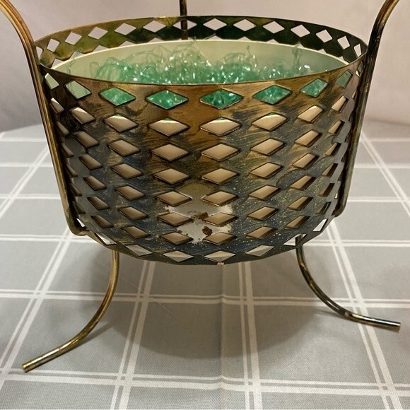 Vintage MCM Unique Gold Metal 3 Candle Holder Bowl Centerpiece Holiday Basket - Picture 5 of 9